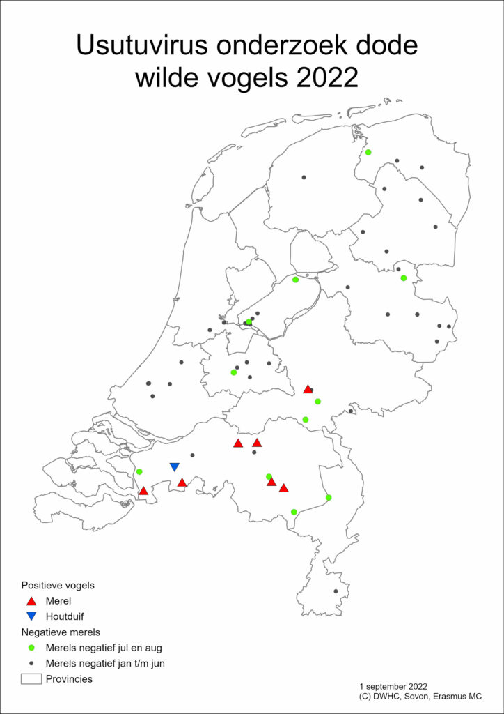 Kaart met locaties van onderzochte dode merels usutuvirus